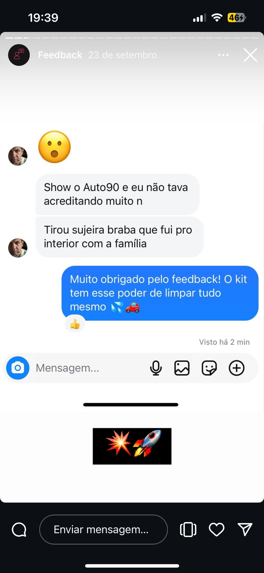 Feedback de cliente — tirou sujeira pesada da viagem