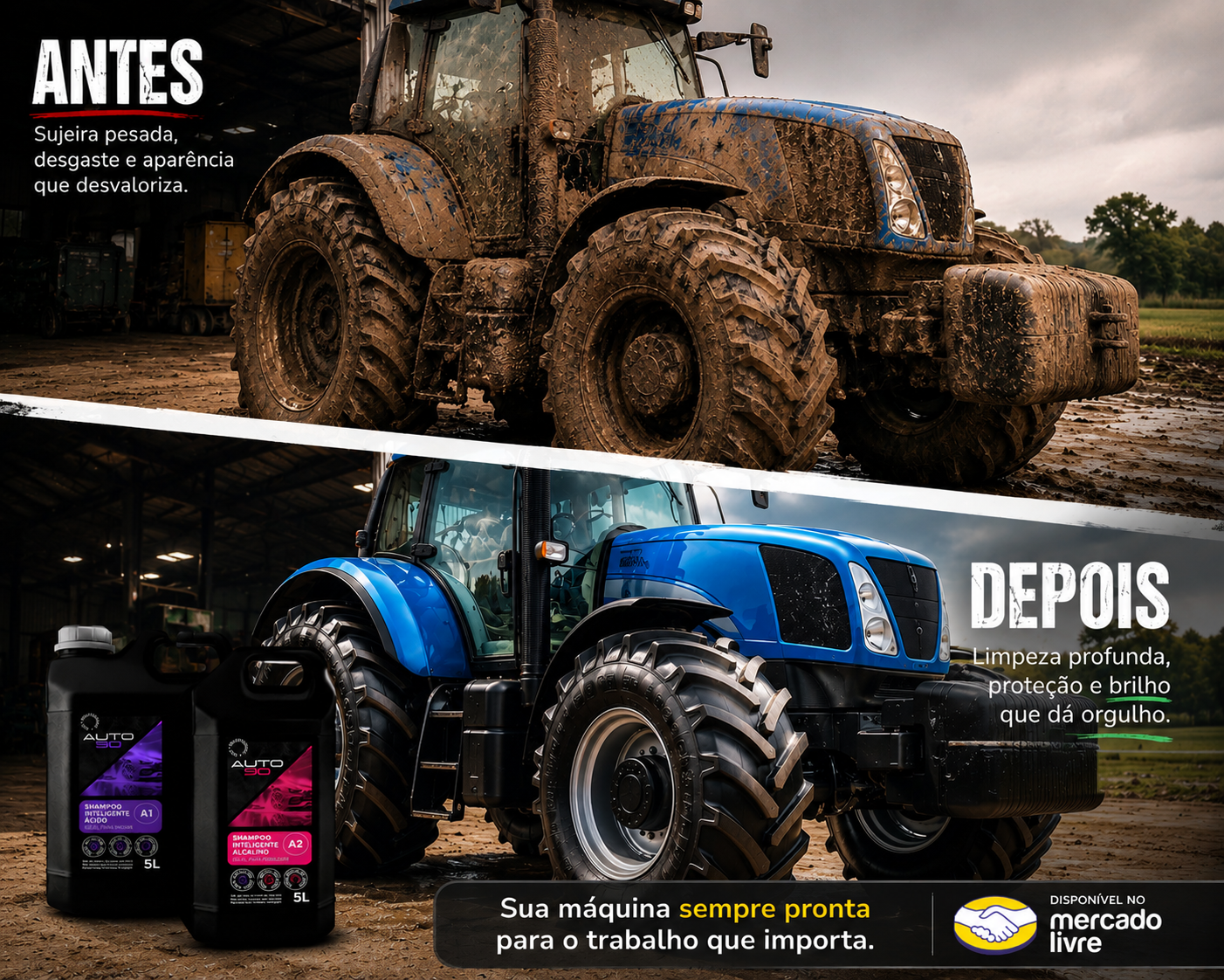 Antes e depois Auto90 — trator agrícola